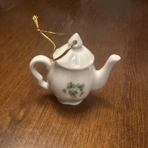 White Teapot Ornament with Green Clover Design